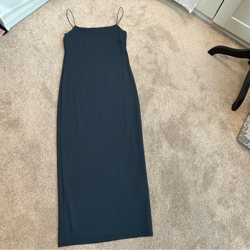 Zara dark Slate blue stretchy elastic bodycon midi tube dress spaghetti strap L - Picture 2 of 13